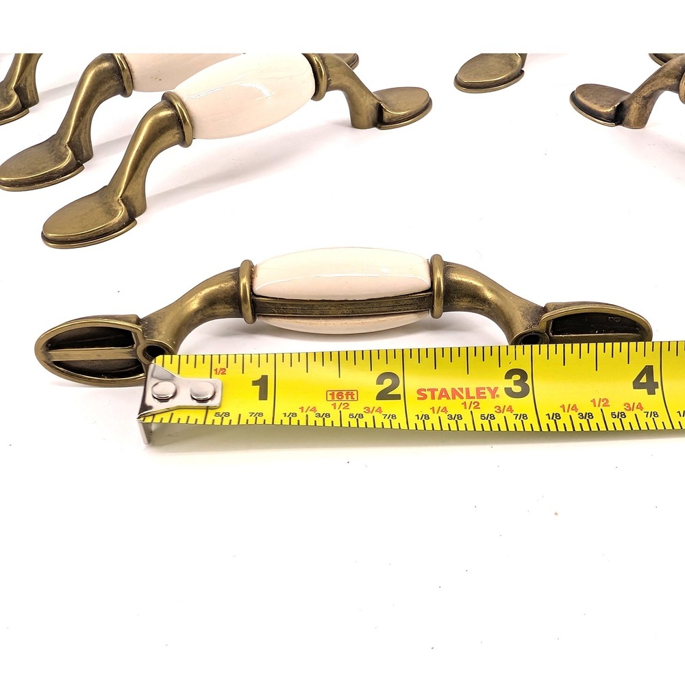 15 Vintage Style Drawer Pulls Cream Ceramic Antique Brass Cabinet Handles 3" CC - Picture 4 of 5